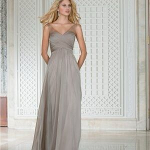 Jasmine Belsoie| Slate Blue Chiffon Maxi Evening Gown Illusion Straps Size 6